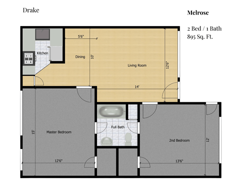 Floor plan for 2 beds, 1 bath, 895 sqft
